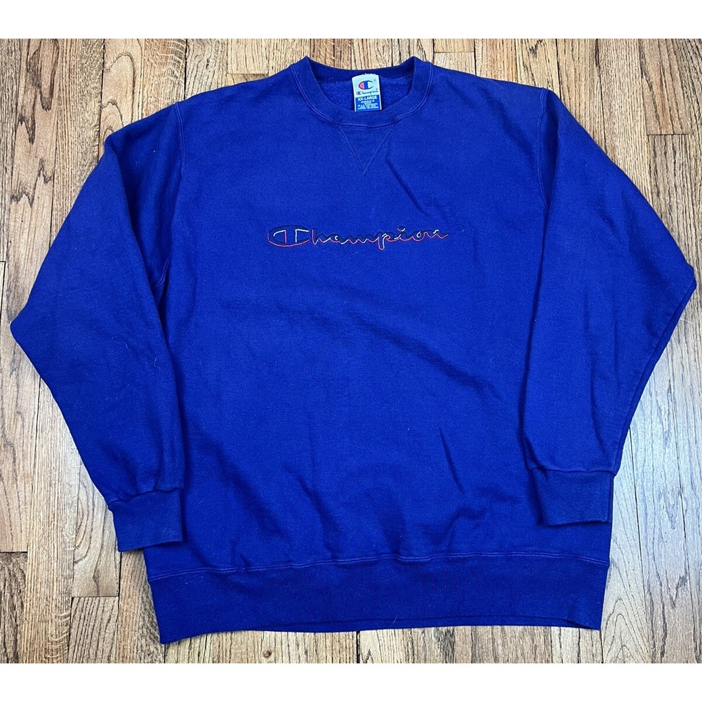 Vintage Champion Spellout Sweatshirt Crewneck Blue Logo Men's Size 2XL